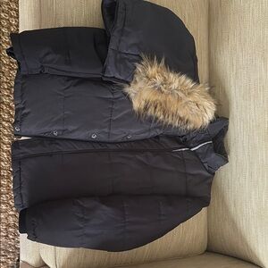 Black Puffer Jacket with Faux Fur Trim